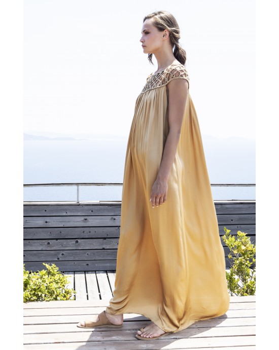 Aggel Satin Maxi Φόρεμα Με Χειροποίητες Πλεκτές Λεπτομέρειες Gold
