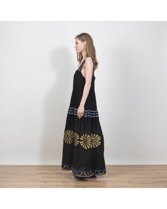Aggel Maxi Κεντημένο Ζακάρ Φόρεμα Με Πλεκτές Λεπτομέρειες Black/Gold