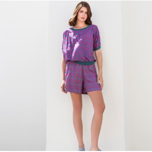 Aggel Knitwear Geometric Pattern Κοντομάνικο Top With Knitted Details Petrol Orchid Flower