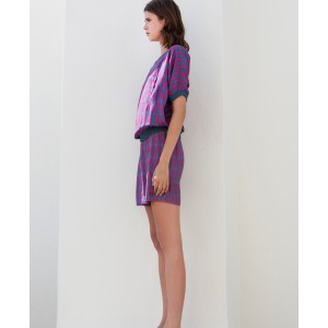 Aggel Knitwear Geometric Pattern Κοντομάνικο Top With Knitted Details Petrol Orchid Flower