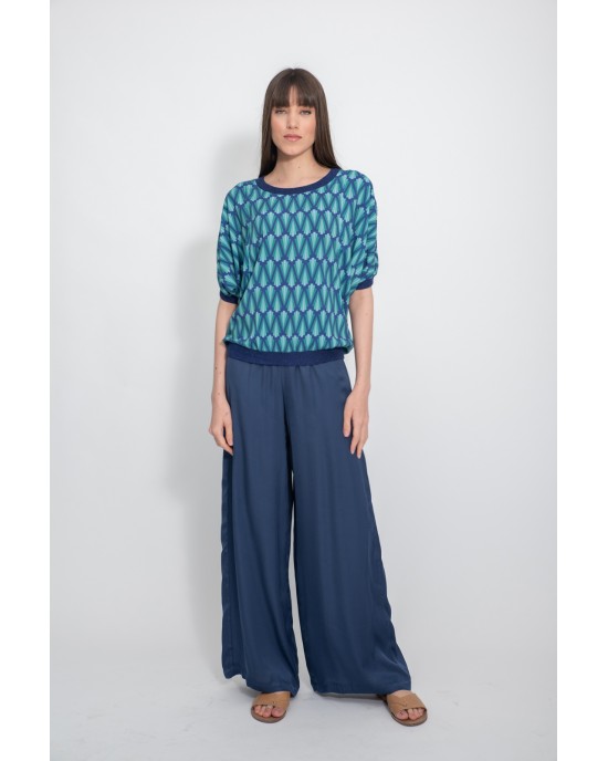 Aggel Knitwear Geometric Pattern Κοντομάνικο Top With Knitted Details Atlantic Blue