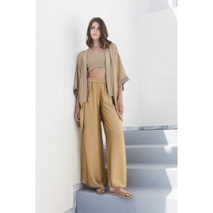 Aggel Knitwear Κιμονό Σατέν Με Ζώνη Με Πλεκτές Λεπτομέρειες Χρυσό