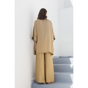 Aggel Knitwear Κιμονό Σατέν Με Ζώνη Με Πλεκτές Λεπτομέρειες Χρυσό