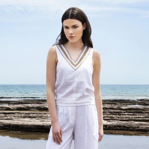 Aggel Linen Sleeveless Ivory Μπλούζα