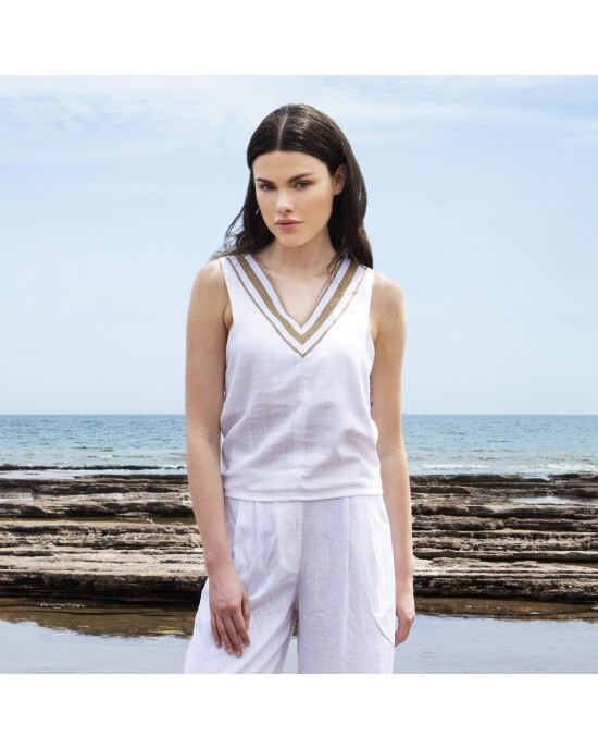 Aggel Linen Sleeveless Ivory Μπλούζα