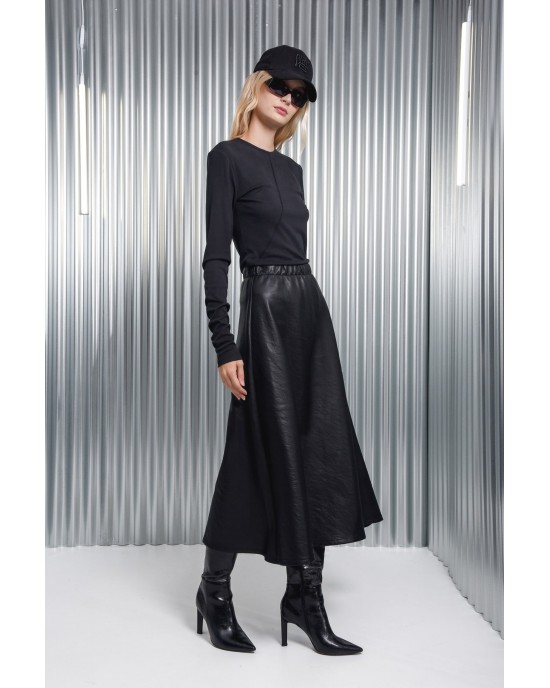 Arpyes Ink Faux Leather Black Midi Φούστα