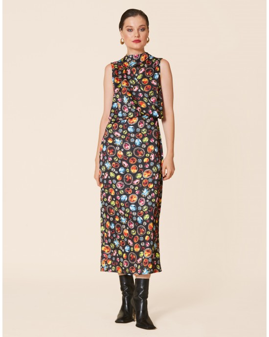 Avant Garde Jeweled Print Black Midi Φόρεμα