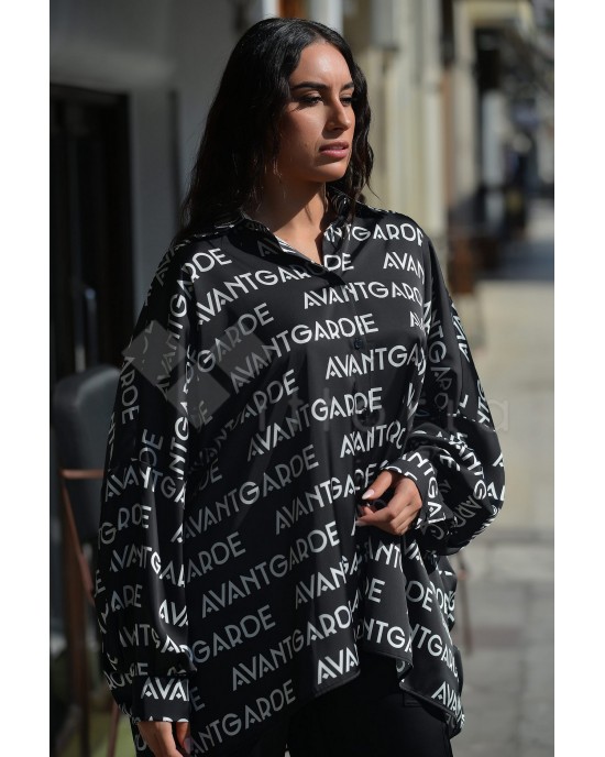 Avant Garde Logo Black Relaxed Oversized Πουκάμισο