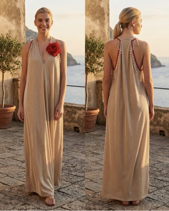 Avant Garde Shimmer Sleeveless Beige Long Φόρεμα