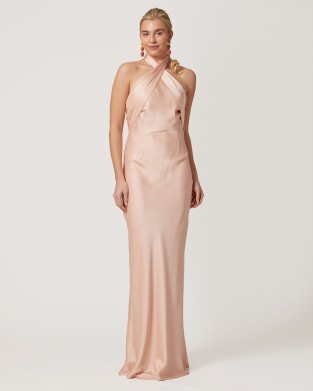 Avant Garde Halter Neck Powder Satin Maxi Φόρεμα