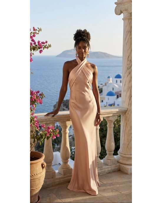 Avant Garde Halter Neck Powder Satin Maxi Φόρεμα