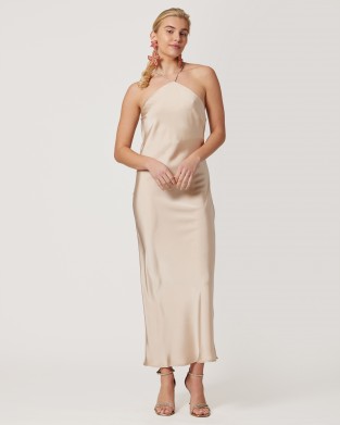 Avant Garde Halter Neck Vanilla Satin Midi Φόρεμα
