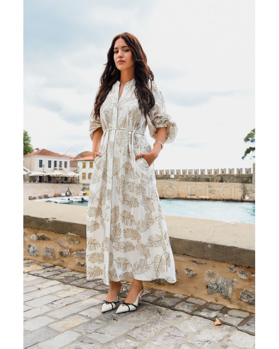 Avant Garde Embroidered Ecru/Gold Midi Φόρεμα