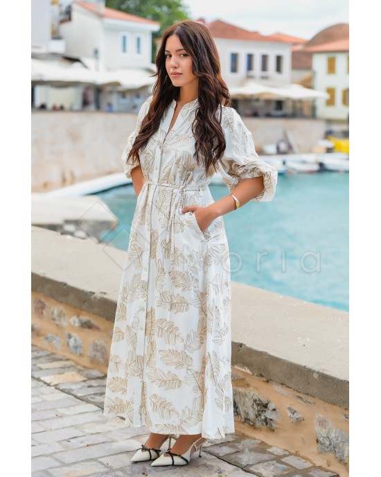 Avant Garde Embroidered Ecru/Gold Midi Φόρεμα