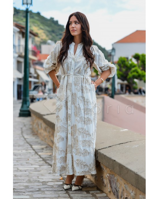 Avant Garde Embroidered Ecru/Gold Midi Φόρεμα