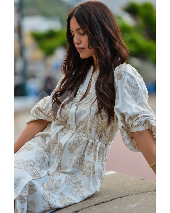Avant Garde Embroidered Ecru/Gold Midi Φόρεμα