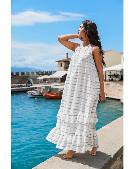 Avant Garde Embroidered Striped White/Gold Φόρεμα