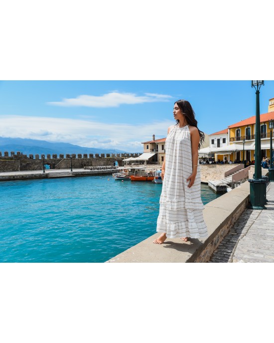 Avant Garde Embroidered Striped White/Gold Φόρεμα