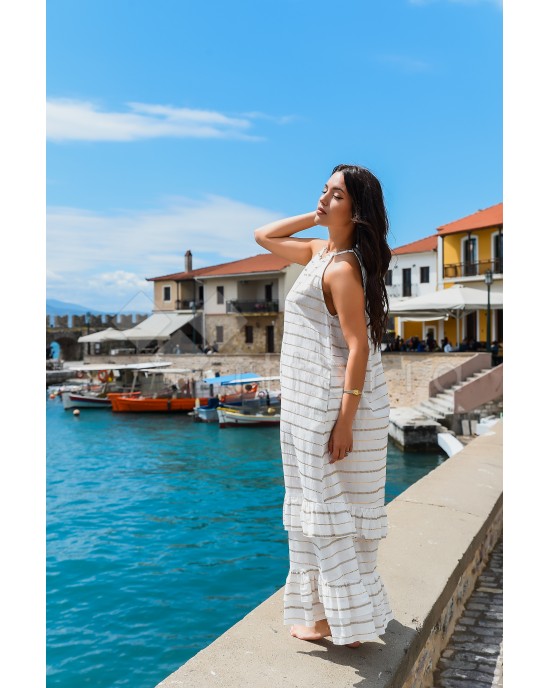 Avant Garde Embroidered Striped White/Gold Φόρεμα