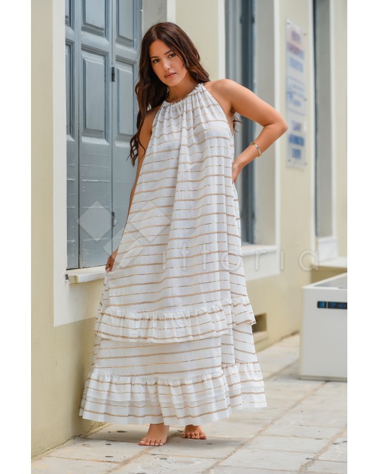 Avant Garde Embroidered Striped White/Gold Φόρεμα