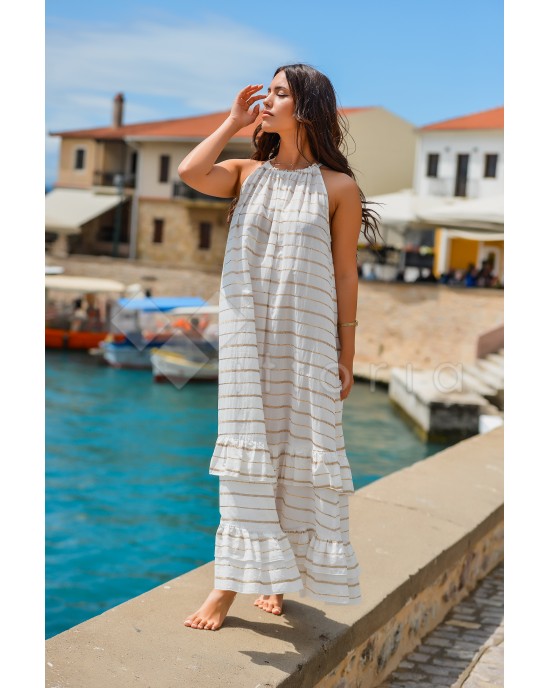 Avant Garde Embroidered Striped White/Gold Φόρεμα