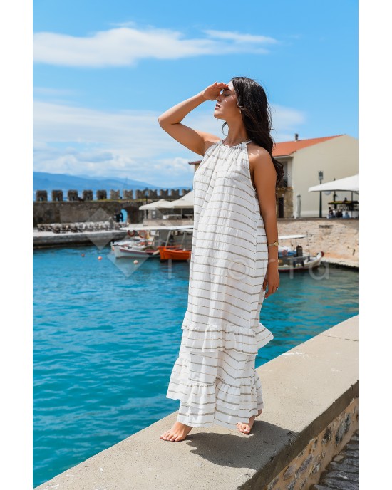Avant Garde Embroidered Striped White/Gold Φόρεμα