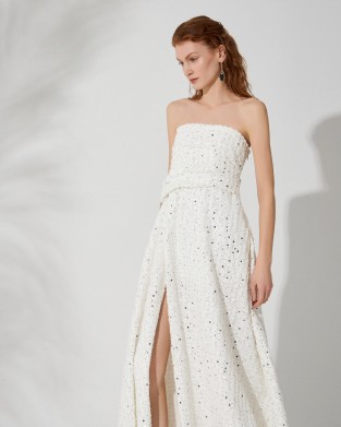 Avant Garde Embroidered White/Silver Midi Strapless Φόρεμα