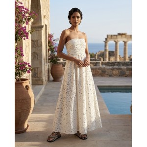 Avant Garde Embroidered White/Silver Midi Strapless Φόρεμα