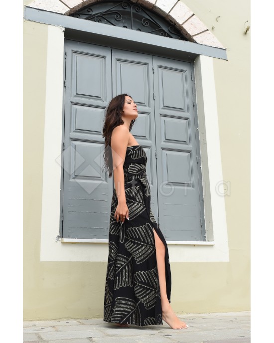 Avant Garde Embroidered Black/Gold Midi Strapless Φόρεμα