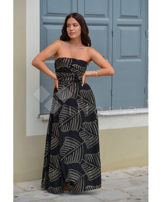 Avant Garde Embroidered Black/Gold Midi Strapless Φόρεμα