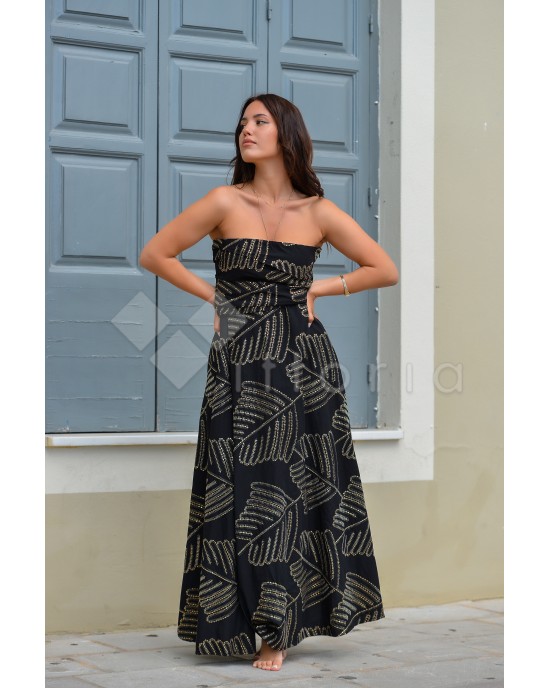 Avant Garde Embroidered Black/Gold Midi Strapless Φόρεμα