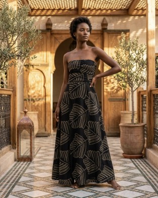 Avant Garde Embroidered Black/Gold Midi Strapless Φόρεμα