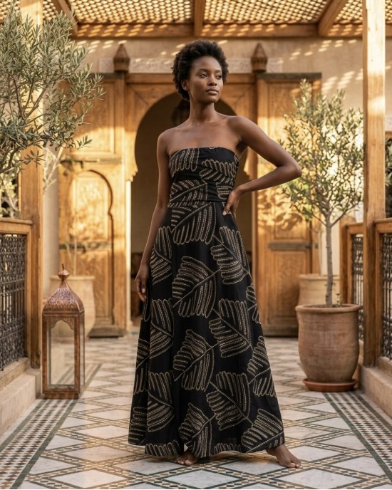 Avant Garde Embroidered Black/Gold Midi Strapless Φόρεμα