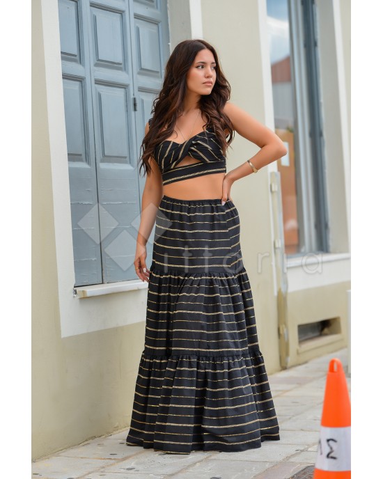 Avant Garde Embroidered Striped Black/Gold Crop Top & Maxi Φούστα