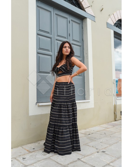Avant Garde Embroidered Striped Black/Gold Crop Top & Maxi Φούστα