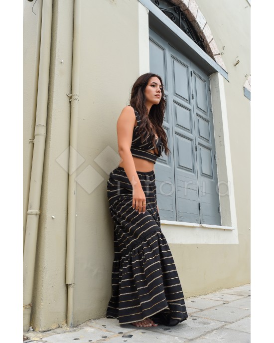 Avant Garde Embroidered Striped Black/Gold Crop Top & Maxi Φούστα
