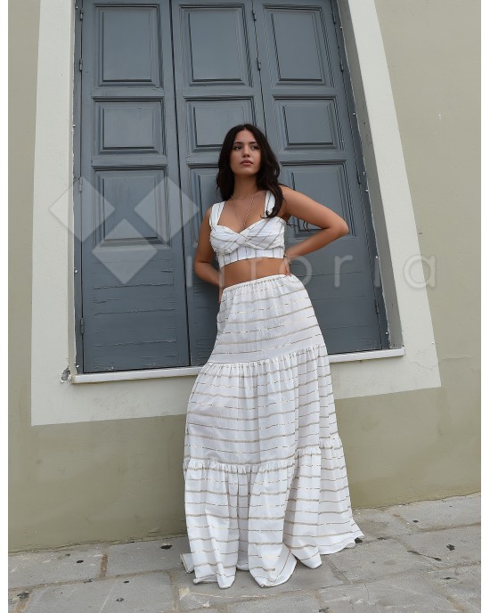 Avant Garde Embroidered Striped White/Gold Crop Top & Maxi Φούστα