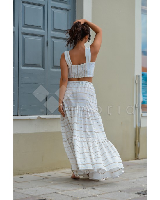 Avant Garde Embroidered Striped White/Gold Crop Top & Maxi Φούστα