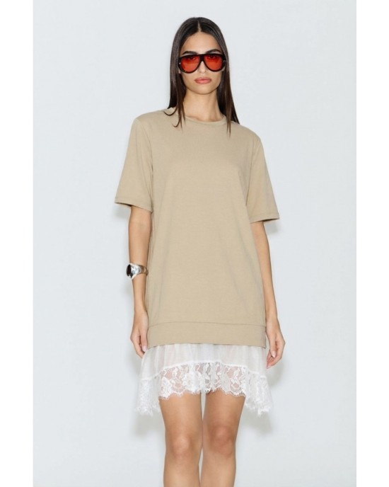 Avant-Garde T-shirt-dress Layering Lace Vanilla Mini Φόρεμα