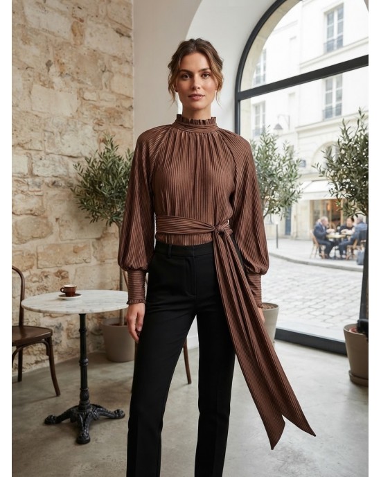 Avant Garde Mock-Neck Pleated Balloon-Sleeve Brown Μπλούζα
