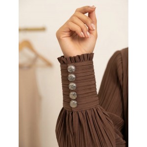 Avant Garde Mock-Neck Pleated Balloon-Sleeve Brown Μπλούζα