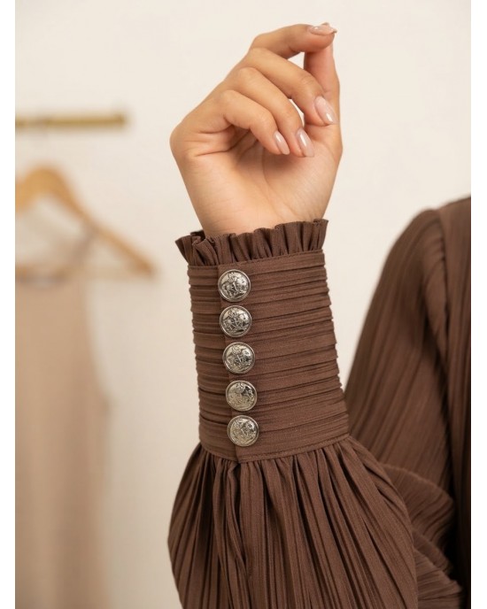 Avant Garde Mock-Neck Pleated Balloon-Sleeve Brown Μπλούζα