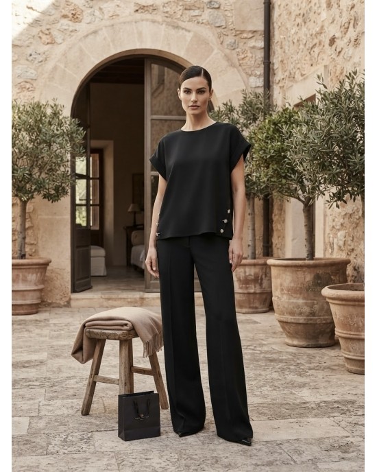 Avant Garde Button Details Set Black Μπλούζα & Wide-Leg Παντελόνι