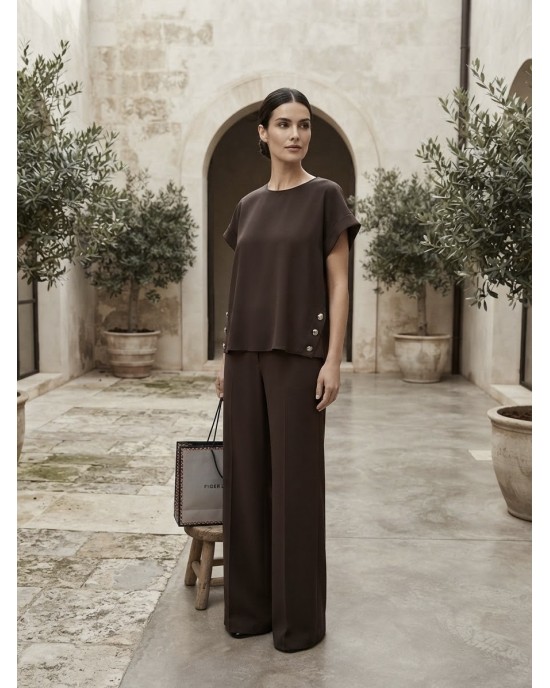 Avant Garde Button Details Set Dark Brown Μπλούζα & Wide-Leg Παντελόνι
