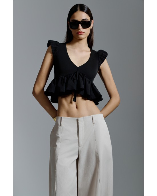 Avant Garde V-neck Peplum Crop Black Μπλούζα