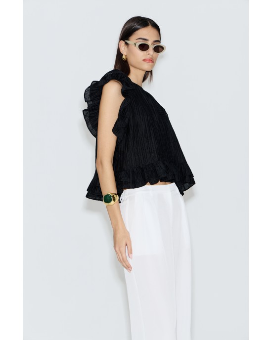 Avant Garde Plissé Ruffles Crop Black Μπλούζα