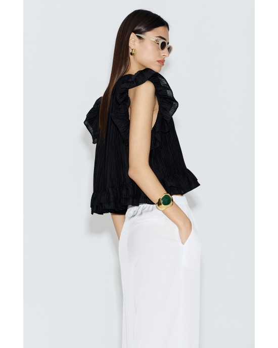 Avant Garde Plissé Ruffles Crop Black Μπλούζα