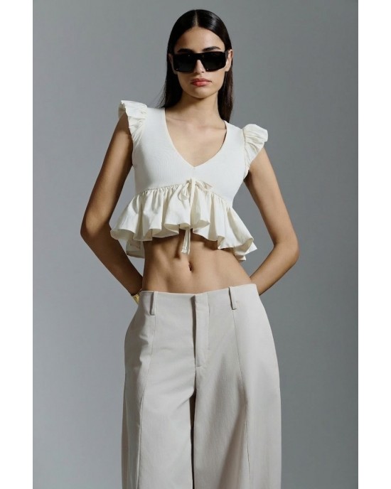 Avant Garde Balloon Wide-Leg Cropped Ecru Παντελόνι