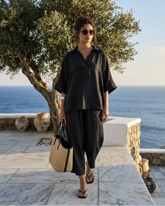 Avant Garde Satin Palazzo Black Παντελόνι