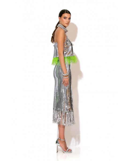 C-Throu Jennie Feather Embellished Sequined Cropped Top & Fringed Sequin Midi Φούστα